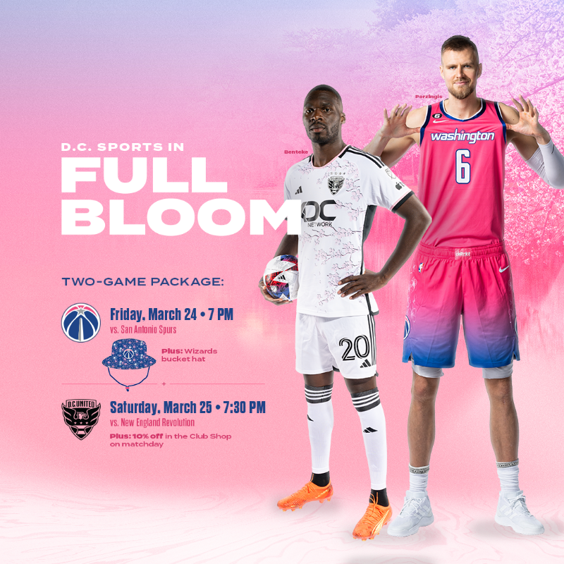 dcunited's tweet photo. D.C. will be BLOOMING next weekend 🌸

Don't miss out on this special ticket offer with the @WashWizards! 🙌