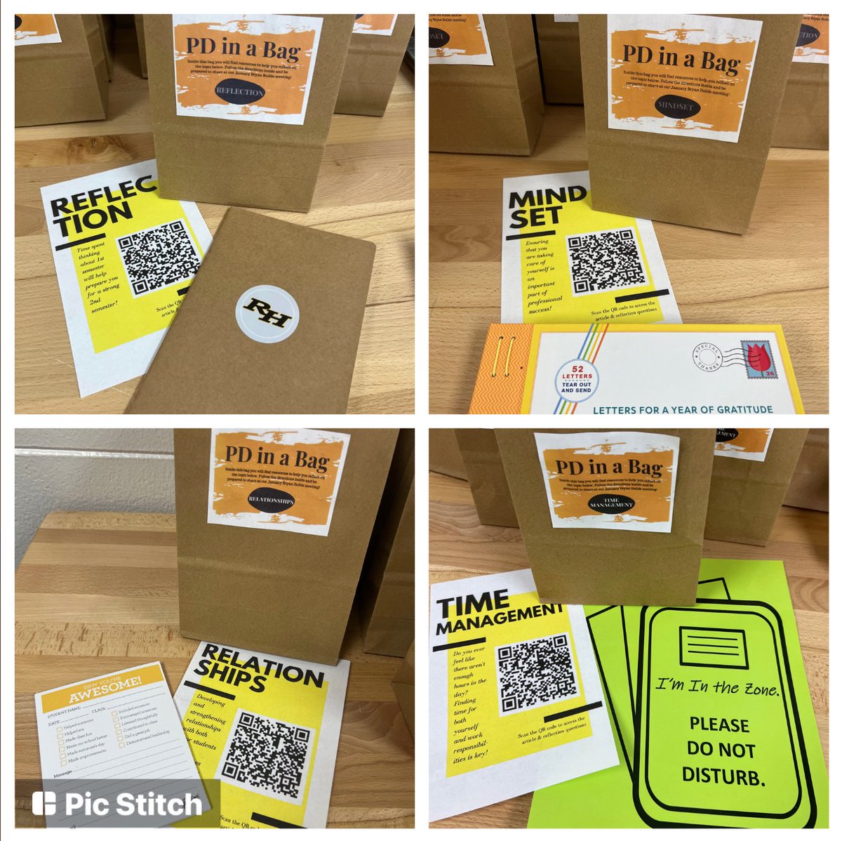 PD doesn't always have to happen in a library or conference room. It can also fit in a bag!

Leader <a href="/sagold/">Sara Goldrick</a> invites Ts to learn at the time and place of their choosing. Each bag contains a QR code linking to an article or reflection question, along with a corresponding gift.