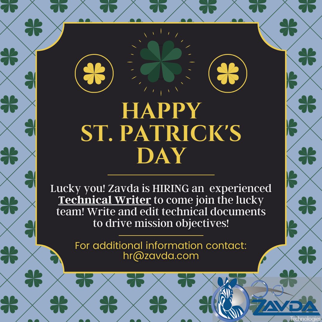ZavdaTech's tweet image. 🍀Happy St. Patricks Day! 🍀
Come join the lucky team as a technical writer!
Advance your career with Zavda and provide complex technical writing that has a strong mission purpose!
Please contact our HR team for additional information: hr@zavda.com
#zavda #stpatricksday #techjobs