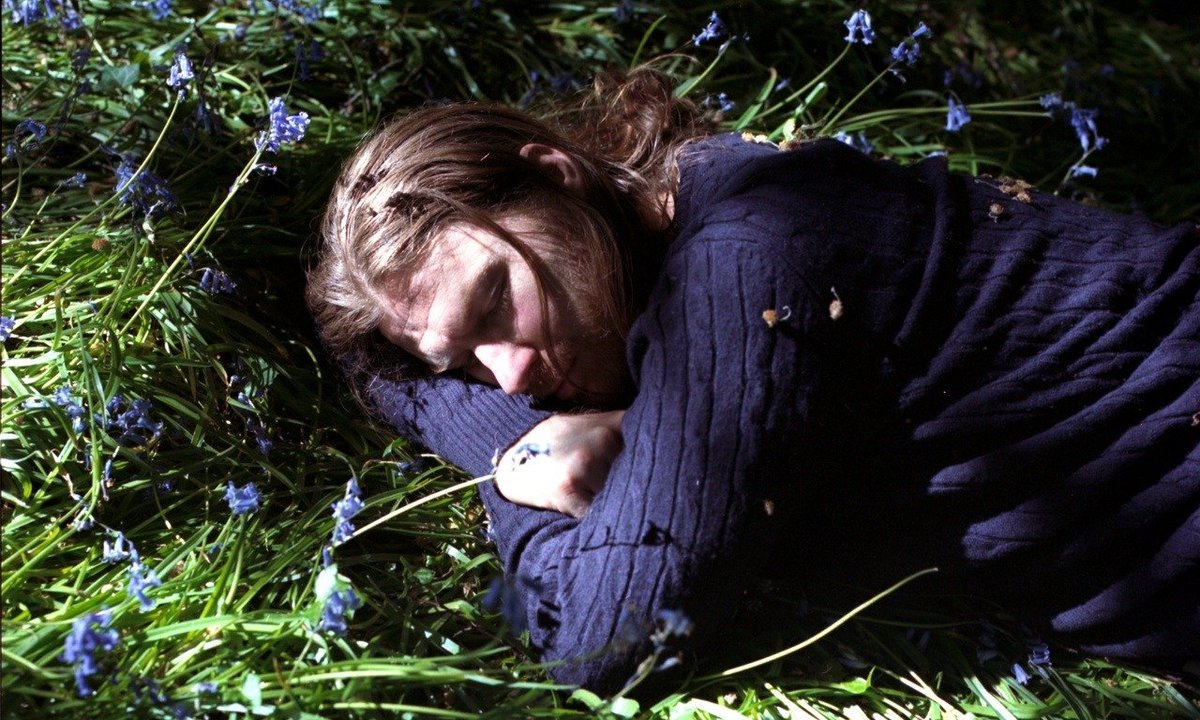 Aphex Twin sleeping in a bluebell field