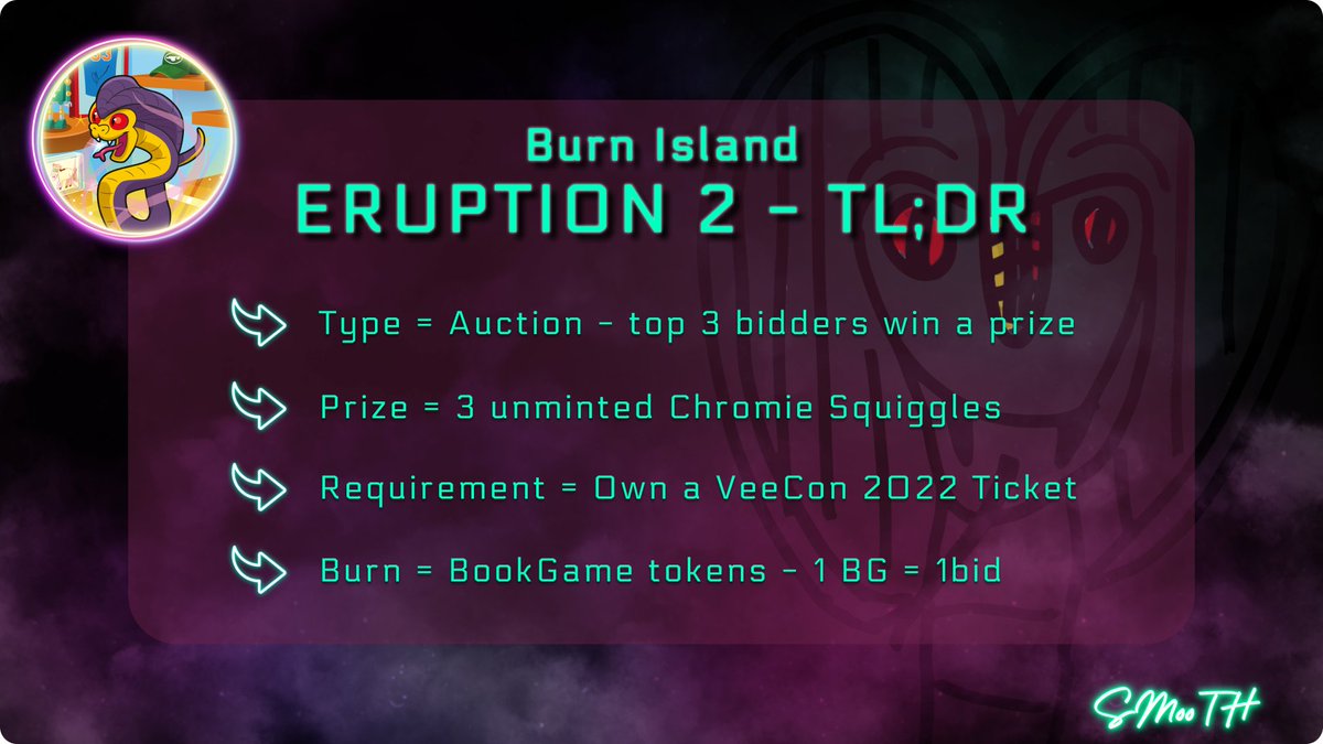 thisissmooth's tweet photo. 🔥 BURN ISLAND - ERUPTION 2 TL;DR 🌋

Type▶️Auction - top 3 bidders win a prize
Prize▶️3 unminted Chromie Squiggles (by @ArtOnBlockchain)
Requirement▶️Own a @veecon  2022 Ticket
Burn▶️#BookGames tokens
End▶️Friday 3/24, 5 PM ET

More 👇 https://t.co/jqWc7kQa4e