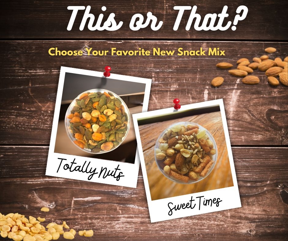 austiNuts's tweet photo. Hey, we've got 2 new snack mixes for you! Totally Nuts is spicy and salty, while Sweet Times is sweet and nutty with pineapple.
Which one will you try?
#austinuts
#austintexas #atxlife #texas
#snacktime
#hungry #delicious #sweettooth
#yum https://t.co/ZdfrNpepbj