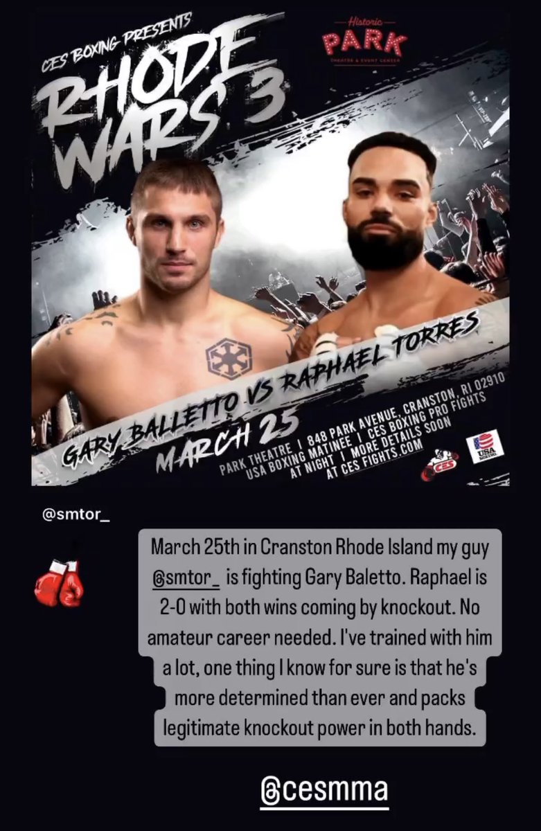 JoeGravel20's tweet photo. March 25th in Cranston, RI my guy @official_smade is fighting Gary Balletto. Trained with Raph a lot, he’s got unreal power and determination. Should be a great fight!! #CESBoxing https://t.co/20S2ybpZ9S