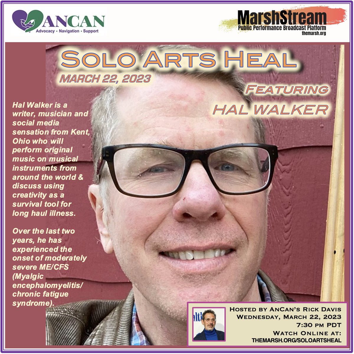 ILoveTheMarsh's tweet photo. Join us WED 3/22 for @ILoveTheMarsh's next streaming #SoloArtsHeal in partnership with @ancan501c3 & guest #HalWalker, who performs original music & discusses using creativity as a survival tool for long haul illness.
Tune in online on #MarshStream at: https://t.co/Ld8D4f5c0E https://t.co/76RsTSSXUr