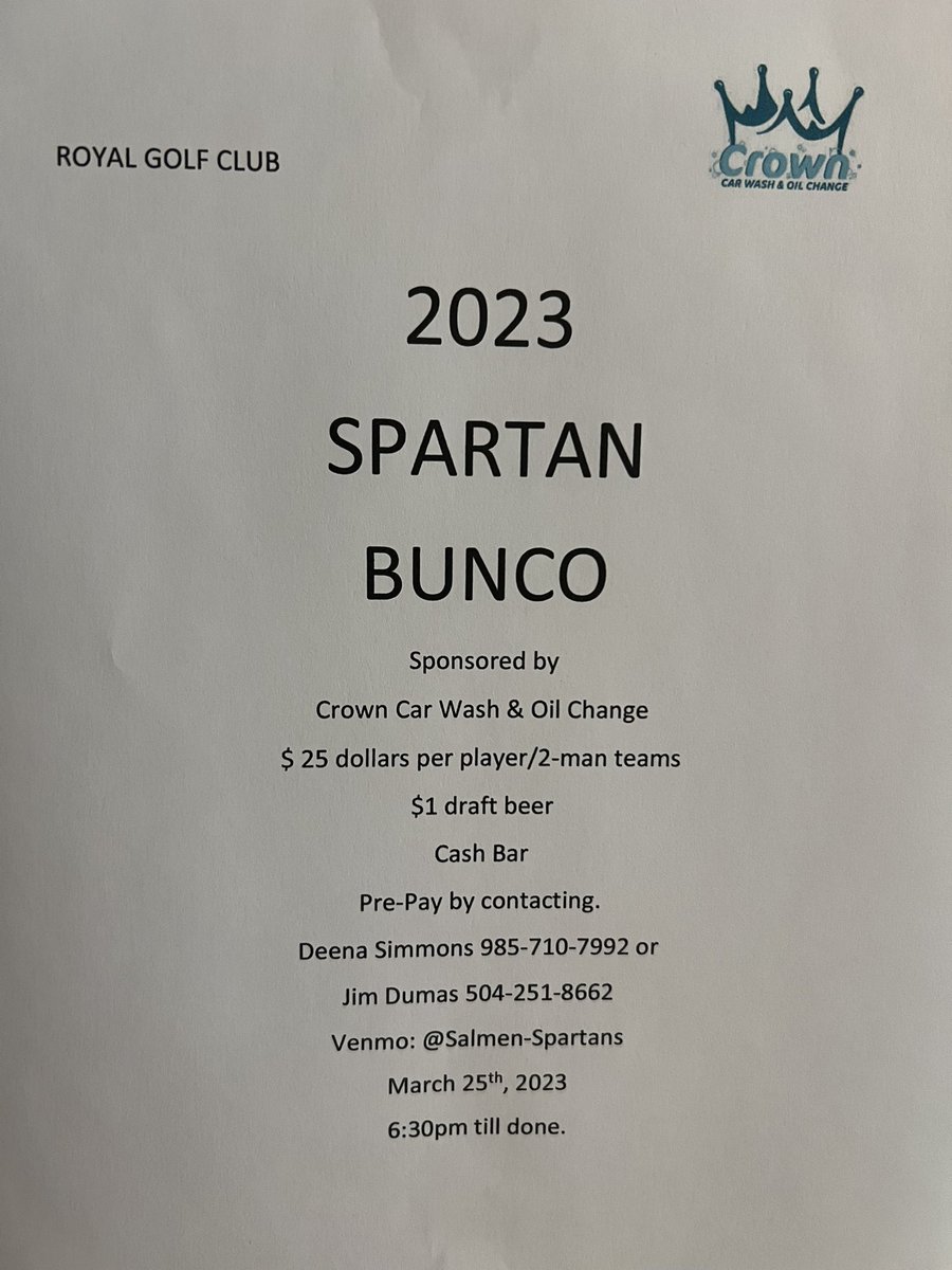 BaseballSalmen's tweet photo. HUGE shoutout to Crown Car Wash and Oil Change @ccwoc1340 for stepping up and sponsoring our 2023 Bunco Tournament. If you or anyone you know would like to participate in this fun night out and help support Spartan Baseball, please let us know!!! https://t.co/bkT1JSgNaG