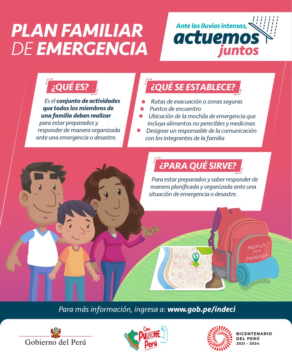 ¿Ya tienes tu plan familiar de emergencia preparado? 🎒 Entérate más aquí. Comparte este contenido y #ActuemosJuntos ante las lluvias intensas. 🌨️
Encuentra más información en gob.pe/indeci