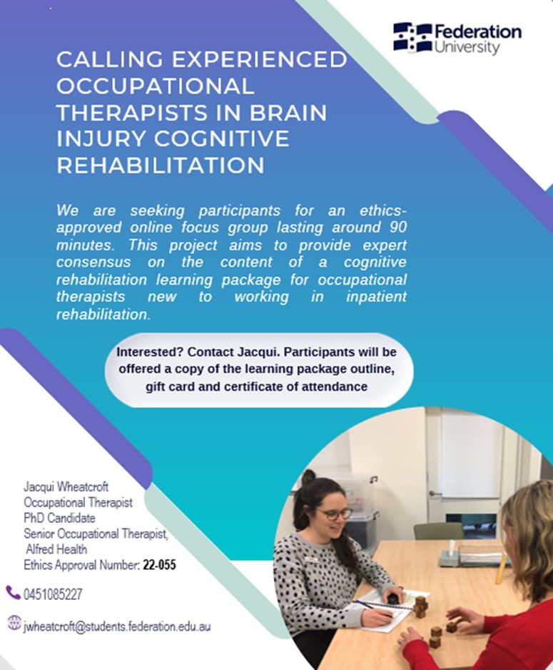 Jacqui Wheatcroft (@jacwheatcroft) on Twitter photo Calling Australian- based OTās experienced working in ABI to participate in a project supporting the development of a learning package for OTās new to cognitive rehabilitation. With Prof Carolyn Unsworth, <a href="/NatashaLannin/">Dr Natasha Lannin</a> and Dr Anne Baker Federation Ethics (22-055) Calling Australian- based OTās experienced working in ABI to participate in a project supporting the development of a learning package for OTās new to cognitive rehabilitation. With Prof Carolyn Unsworth, <a href="/NatashaLannin/">Dr Natasha Lannin</a> and Dr Anne Baker Federation Ethics (22-055)