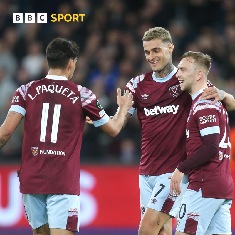 BBCSport's tweet photo. David Moyes' side continued their flawless form in Europe, sweeping aside Larnaca to book a quarter-final berth ๐ซ
#BBCFootball #UECL #WHULAR