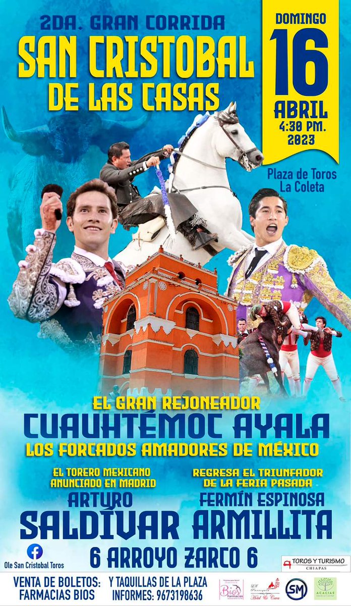 San Cristóbal de las Casas (Chiapas) MEX Feria Primavera y la Paz: Domingo 9 abril Toros <a href="/TorreondCanas/">Torreón de Cañas</a> <a href="/info_fauro_aloi/">Fauro Aloi</a> y Forcados Puebla, <a href="/JoseMaPastor12/">Jose Maria Pastor</a> y Jussef y domingo 16 Toros <a href="/6ArroyoZarco6/">Arroyo Zarco</a> y San Fernando <a href="/ayalatemoc/">ayala cuauhtemoc</a> y Forcados México, <a href="/mata_asaldivar/">Arturo Saldivar Romo</a> y <a href="/FerminArmillita/">Fermin Armillita</a>