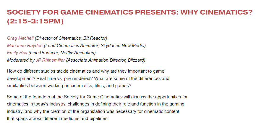 You will not want to miss the Society for Game Cinematics talk as part of #AnimX! Join <a href="/MediaSig/">Greg Mitchell</a> <a href="/Marianne_Hayden/">Marianne Hayden</a> and Emily Hsu as they chat about Cinematics in games. Moderated by <a href="/animresource/">JP Rhinemiller</a>!