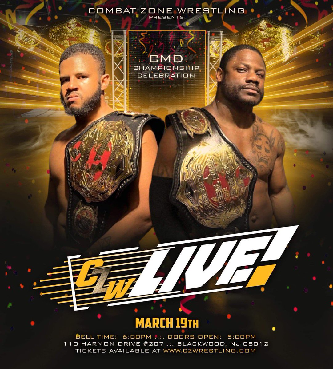 combatzone's tweet photo. *** BREAKING ***
#CZWLive UPDATE
CMD will host their TAG TEAM CHAMPIONSHIP CELEBRATION!
CZW Live!: 3/19
Tix: https://t.co/zf34gqbRzD
π: 6pm
110 Harmon Dr, Blackwood, NJ
*** FREE BEER + BYOB *** https://t.co/IRbWphBbM8