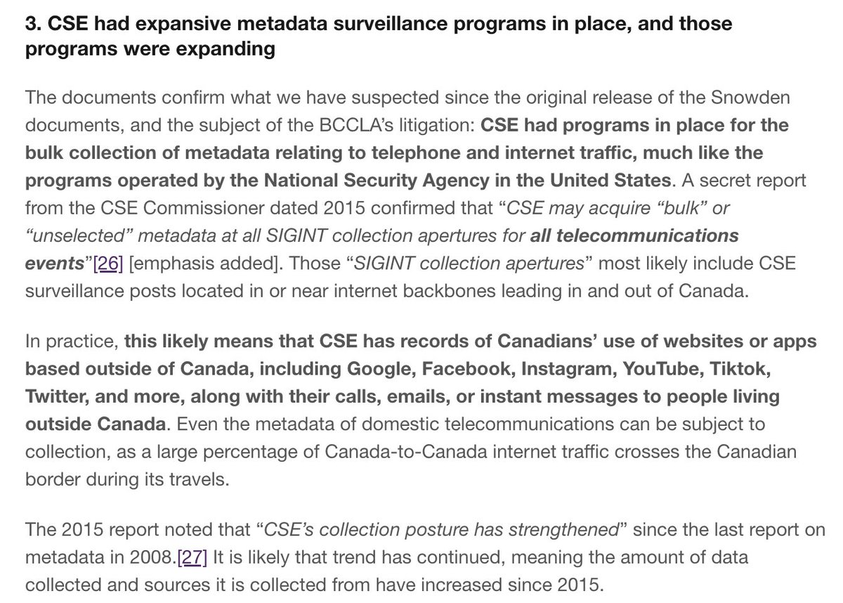 RonDeibert's tweet photo. Among the findings: as of 2015 (end-period of docs acquired) @cse_cst hoovered up mass volumes of metadata entering and exiting the country at the internet backbone...
That means all Canadians' email traffic, calls, website requests, visits to social media platforms and more... https://t.co/X77xw0g3t9