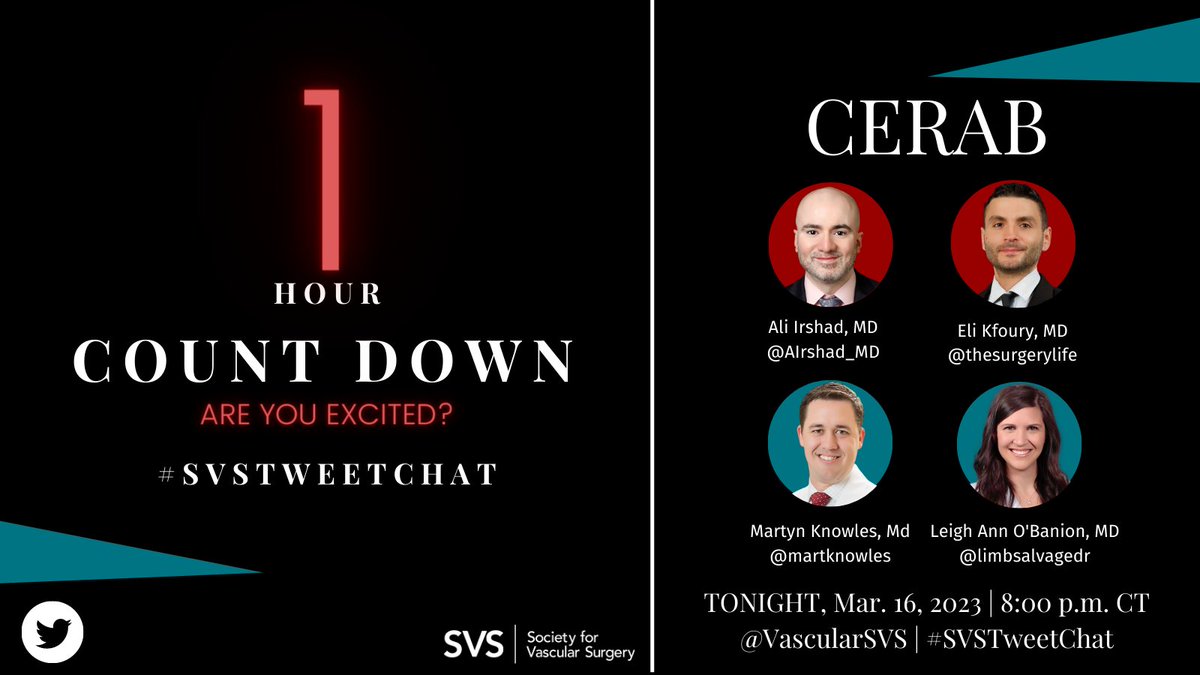 Vascular SVS (@vascularsvs) on Twitter photo The #SVSTweetChat covering CERAB will begin in exactly one hour. Be sure to set your alarm to open Twitter at 8 p.m. CT and join the conversation! Use #SVSTweetChat to join in/follow along. #medtwitter #vascsurg
<a href="/AIrshad_MD/">Ali Irshad, MD RPVI</a> <a href="/thesurgerylife/">Eli EK MD</a> <a href="/martknowles/">Martyn Knowles, MD, MBA</a> <a href="/limbsalvagedr/">Leigh Ann O'Banion</a> The #SVSTweetChat covering CERAB will begin in exactly one hour. Be sure to set your alarm to open Twitter at 8 p.m. CT and join the conversation! Use #SVSTweetChat to join in/follow along. #medtwitter #vascsurg
<a href="/AIrshad_MD/">Ali Irshad, MD RPVI</a> <a href="/thesurgerylife/">Eli EK MD</a> <a href="/martknowles/">Martyn Knowles, MD, MBA</a> <a href="/limbsalvagedr/">Leigh Ann O'Banion</a>