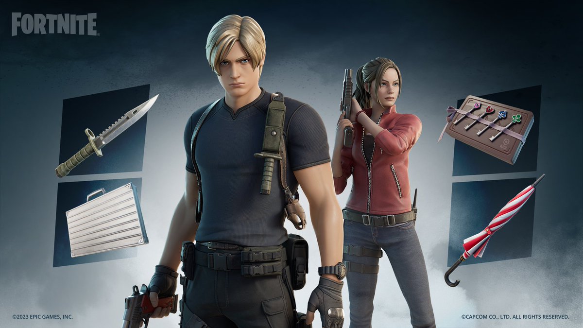 SeaDarkYT's tweet photo. #Fortnite | • 📌🔥 Os sobreviventes de Raccoon City Leon S. Kennedy e Claire Redfield sabem se virar. 
"Saia da horripilante Raccoon City e viaje para a Megacidade com os novos integrantes da Série Lendas dos Jogos, que já estão disponíveis na Loja de Itens!".

#ad https://t.co/KSnLmeGxvs