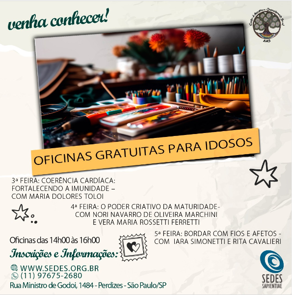CeaapCom's tweet photo. OFICINAS GRATUITAS PARA IDOSOS

O NAS oferece oficinas gratuitas para idosos. Para participar, solicite sua inscrição em nosso e-mail nas@sedes.org.br

Ocorrem das 14h00 às 16h00, a partir de 28/03/23 
#clinicaceaap #oficinagratuita #maturidade #imunidade #criatividade #bordados https://t.co/dAJTorwmOH