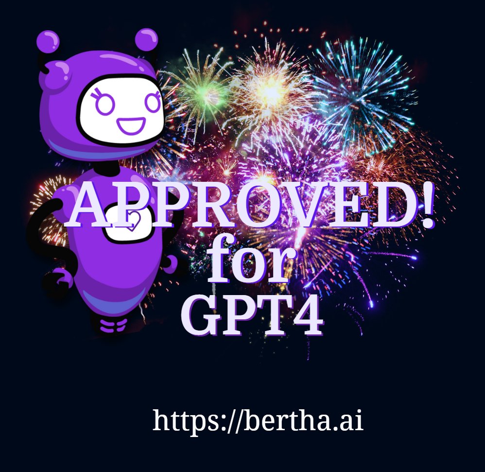 arniepalmer's tweet photo. Heads up! @BerthaAI_ has been given early access to GPT4 - look out for some even more awesome stuff coming to our favorite AI. Text to video, text to image, video to text, audio to .SRT - Embeddable Chat Bots, First line support bots - the list is endless. #feelingrecognised https://t.co/xspWEXY9ne