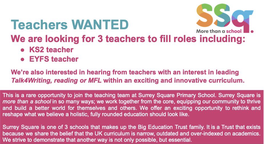 SurreySqSchool's tweet photo. ***Vacancies***
Join #TeamSSq and discover why we are #MoreThanASchool Roles include #KS2 + #EYFS #Teachers We’re also interested to speak to teachers with a passion for @Talk4Writing #Reading or #MFL 
CLICK FOR MORE INFO: https://t.co/6iDGIdNLbH
Deadline: April 17th 2023 https://t.co/eWXneNCfah