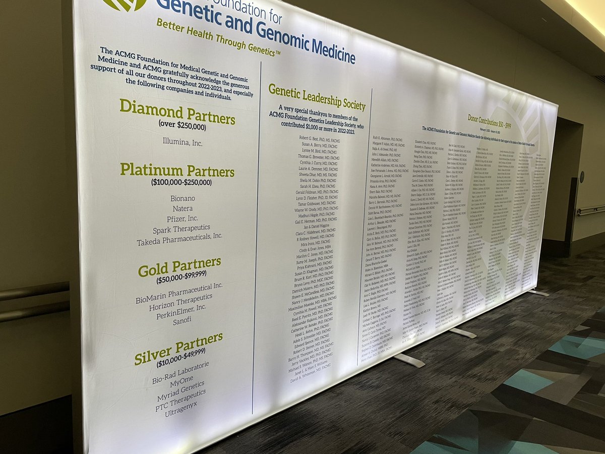 Check out this amazing list of Corporate Partners and individual donors to the #ACMGFoundation. Your generous contributions make our work and support of medical geneticists possible! #ACMGMtg23