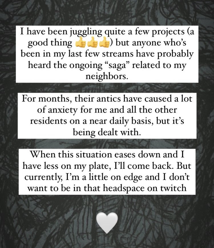 Cryomera's tweet photo. welp, taking a break from twitch
(context in pic - posted from IG stories)

Lots of good things on the horizon, I’m just waiting for some of the background noise to die down https://t.co/0b6njhC3jC