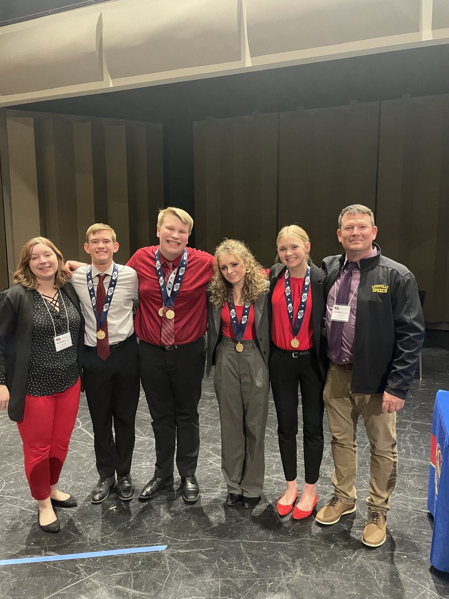 pride_purple's tweet photo. Congratulations to this years state speech medalists. 
5th Eva Quam - Persuasive 
State Champion Lucas Hrabik - Serious
State Champions Lucas Hrabik, Marissa Staben, Easton Fiala, Hailey Caughron - OID
#LouisvilleLions #PurplePride #CementCity https://t.co/QdVgSyrGm0