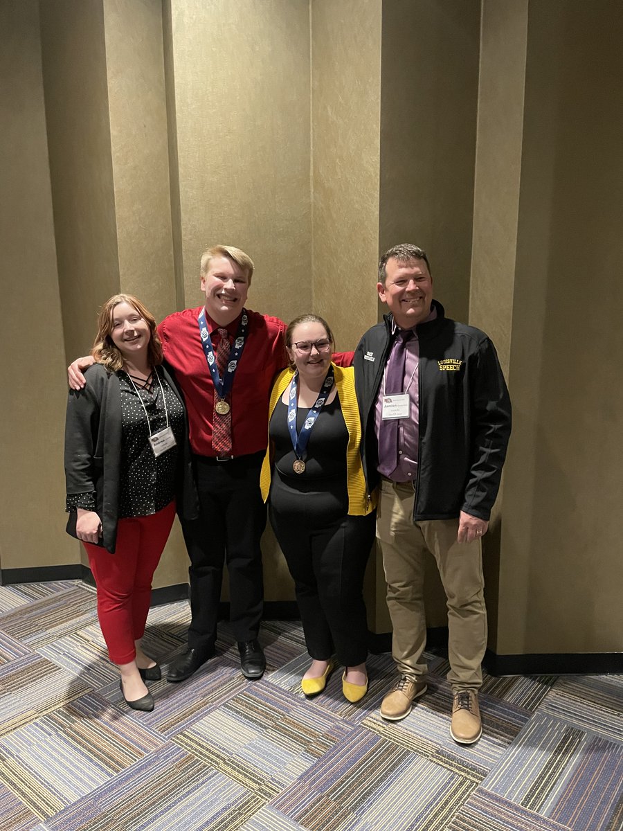 pride_purple's tweet photo. Congratulations to this years state speech medalists. 
5th Eva Quam - Persuasive 
State Champion Lucas Hrabik - Serious
State Champions Lucas Hrabik, Marissa Staben, Easton Fiala, Hailey Caughron - OID
#LouisvilleLions #PurplePride #CementCity https://t.co/QdVgSyrGm0