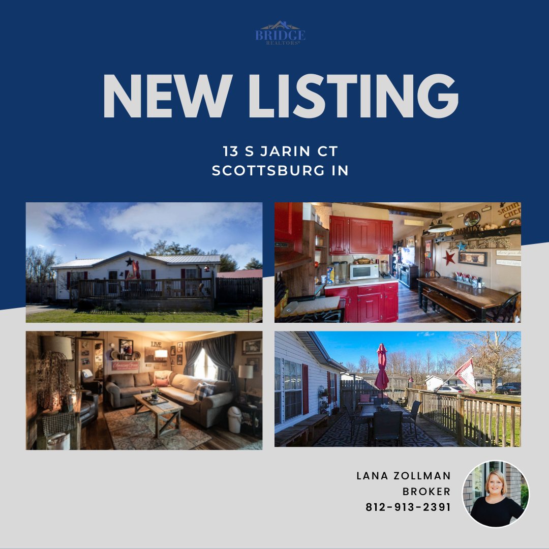 BridgeRealtors's tweet photo. NEW LISTING 🏡

📍 13 S Jarin Ct
Scottsburg IN

Fairview Crossing Subdivision 👏

Contact Lana Zollman today for details!
📱812-913-2391

#BRrealtors #bridgeteam #Bridgeagents  #firsttimehomebuyers #homesellers #forsale #singlefamilyhome #homebuyers #homesearch https://t.co/ogF2qpa55V