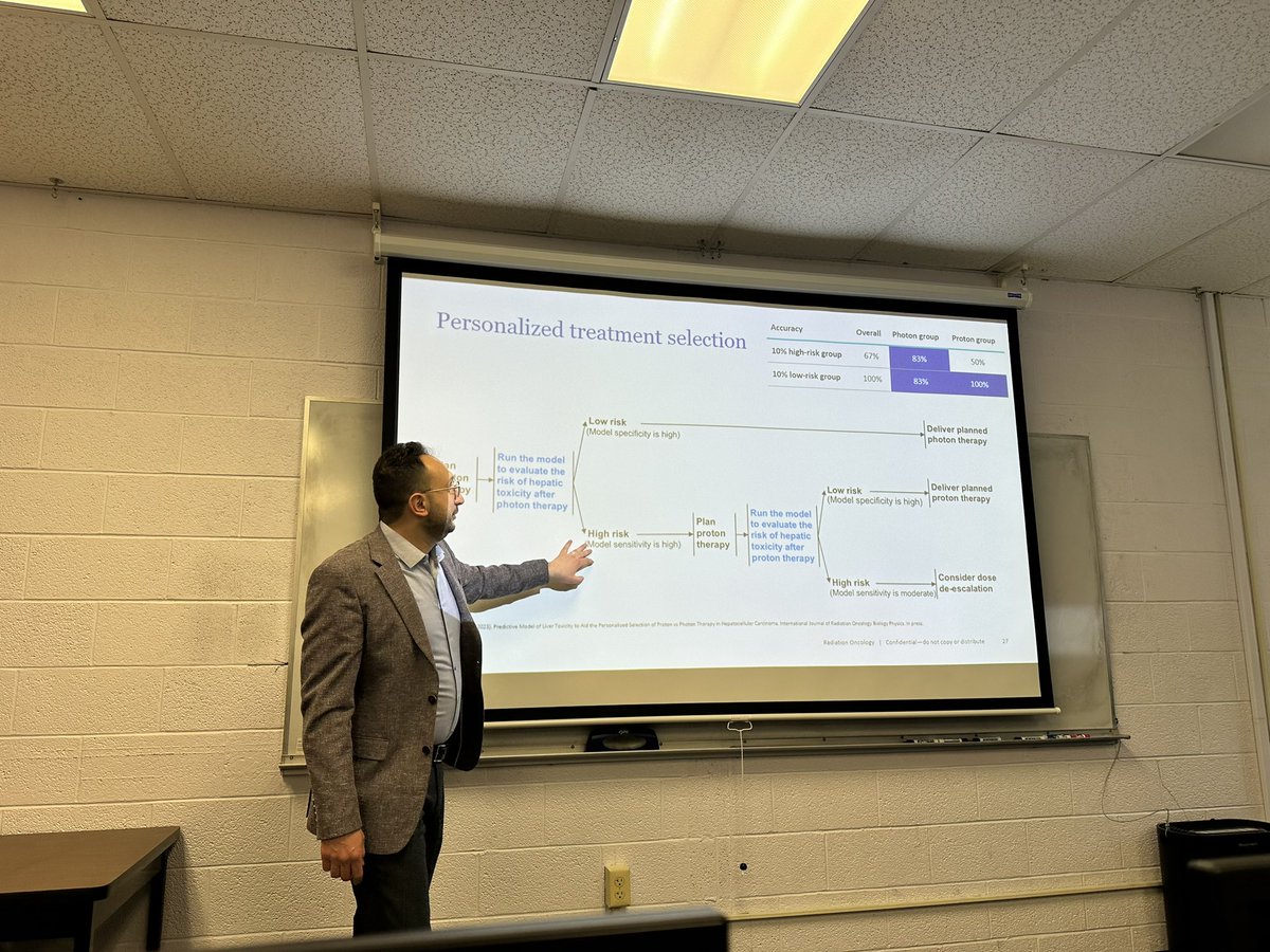 Wonderful talk today by @CancerOptim at @UMassLowell on using #NeuralNetworks to predict hepatic toxicity in HCC patients after proton and photon therapies using DVH and patient specific variables! Check out the #RedJournal article for more details: bit.ly/3xMsZOa