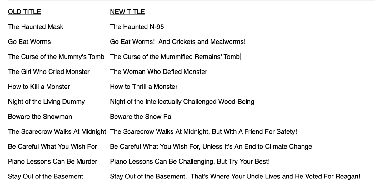BaronDestructo's tweet photo. First it was Roald Dahl, then it was James Bond, and now they're making changes to R.L. Stine books.  
Not a fan of these new titles.  #RLStine #Goosebumps 

'Goosebumps' author R.L. Stine says publisher made 'woke' edits behind his back https://t.co/mlWnOWyngt via @nypost https://t.co/V1VOSsJnJB