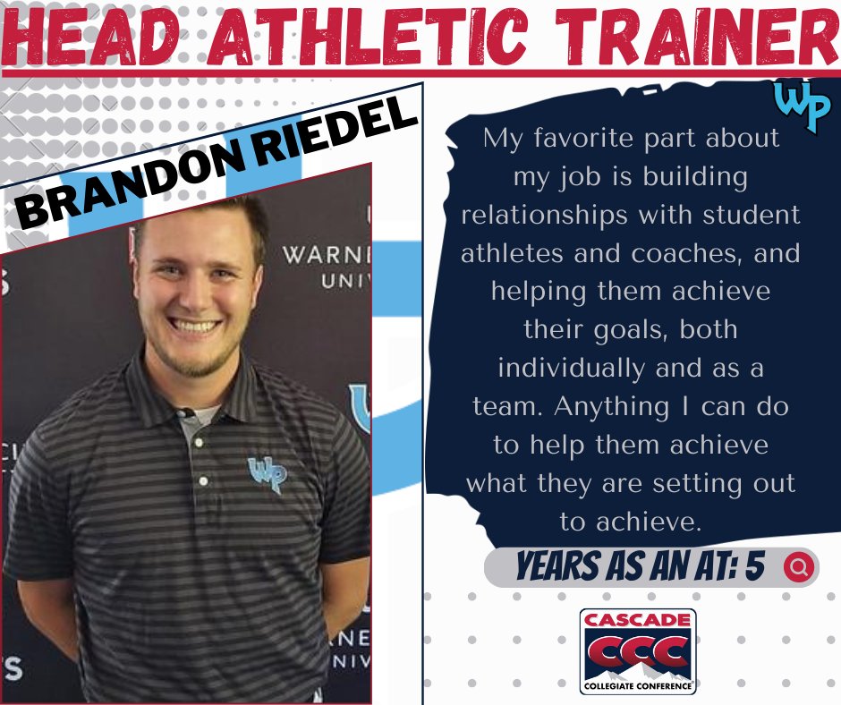 CCCSports's tweet photo. Next up, we have the @wpuknights AT Staff! Brandon Riedel and Zoey Dahme work hard to build the Knight Community in the AT room and out. #TheresAnATForThat #NationalAthleticTrainingMonth #NAIA #ThisIsTheCCC https://t.co/gze9u34dGs