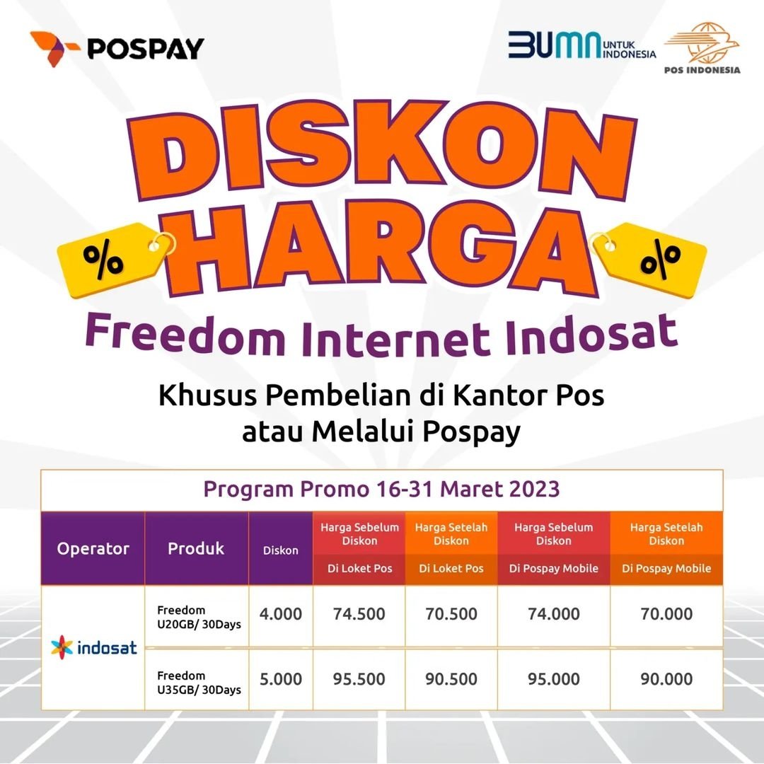 PosAjaMagelang's tweet photo. Hai Pospayers!
Ada diskon menarik bagi dirimu yang menggunakan provider IM3 selama periode 16 - 31 Maret 2023
FREEDOM U20GB/30 days https://t.co/f7QcXONDM2