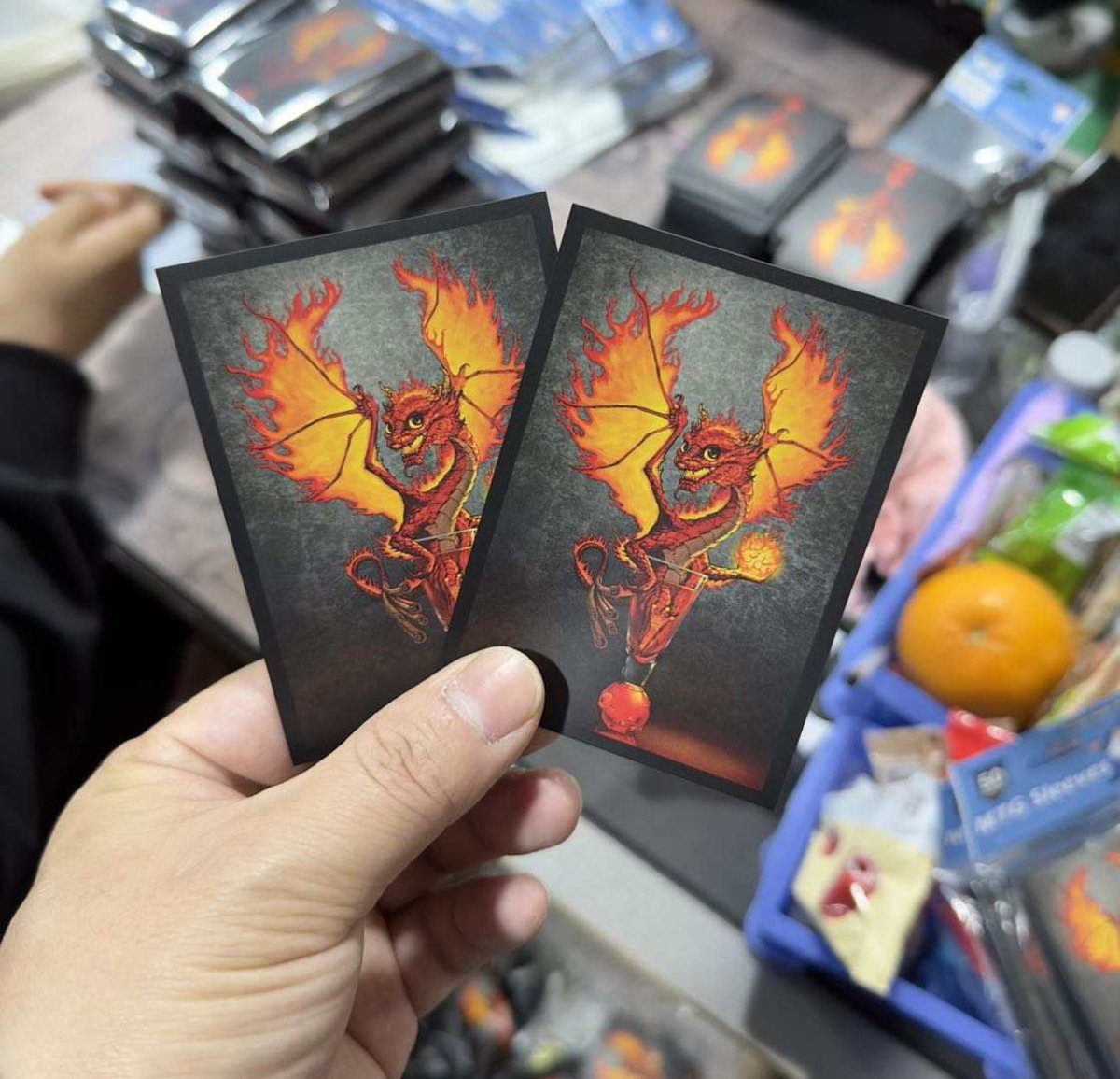 MtgSleeves's tweet photo. Fireball Drink dragon sleeves finished production!  Look for them soon on the site. https://t.co/FaJ0k6Sulz