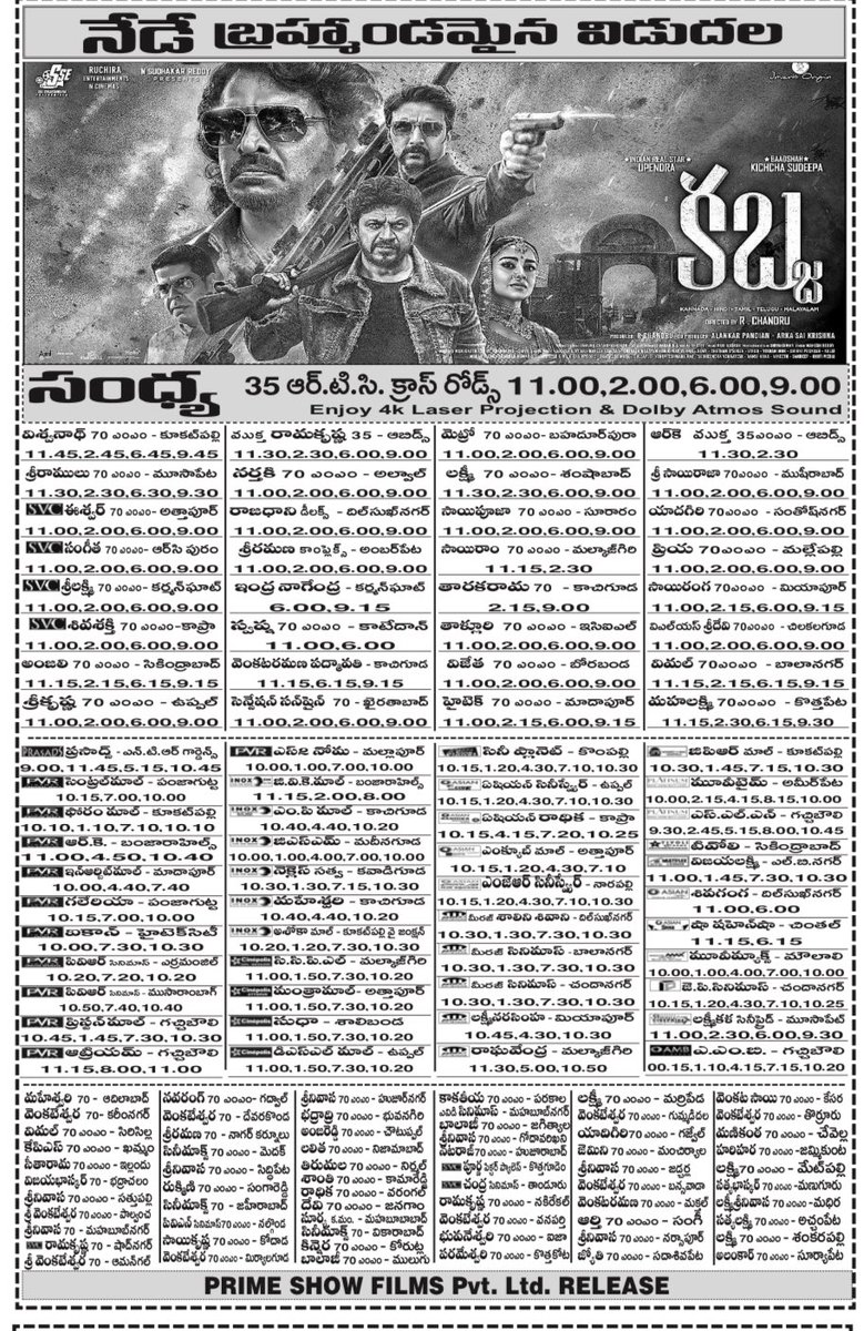 #Kabzaa Nizam Theater's List !!

Release by <a href="/primeshowfilms/">Primeshowfilms</a> !!

<a href="/nimmaupendra/">Upendra</a> <a href="/KicchaSudeep/">Kichcha Sudeepa</a> #ShivaRajkumar <a href="/shriya1109/">Shriya Saran</a> @rchandru_movies <a href="/RaviBasrur/">Ravi Basrur</a> <a href="/kp_sreekanth/">Sreekanth KP</a> <a href="/vamsikaka/">Vamsi Kaka</a>