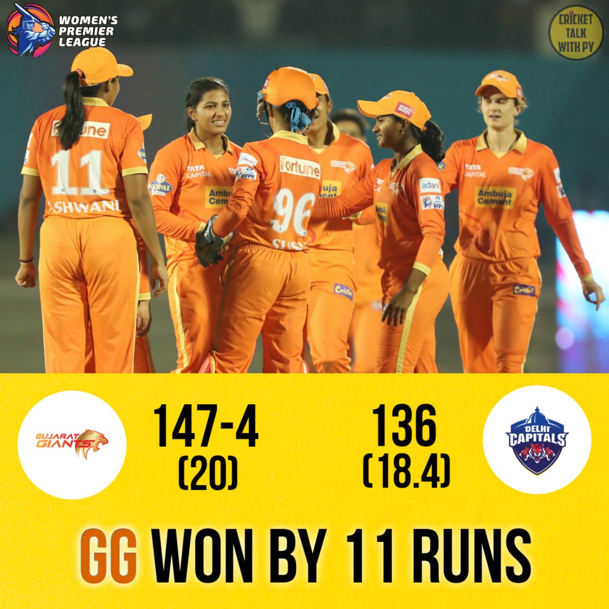 CricketTalkPY's tweet photo. Women's Premier League 🏆
Match 14 - GG vs DC ⬇️
#WPL2023 #GGvDC https://t.co/6gRQy1nXtN