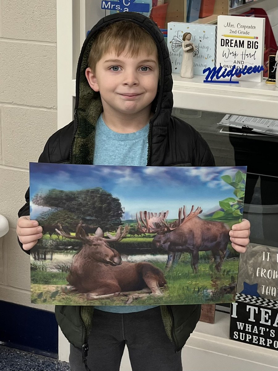 CarpenterMLS's tweet photo. What does an animal loving student choose for his #PBIS prize? A moose placemat of course!  Love it!  #WeAreMidview https://t.co/TzIA8fLAqp