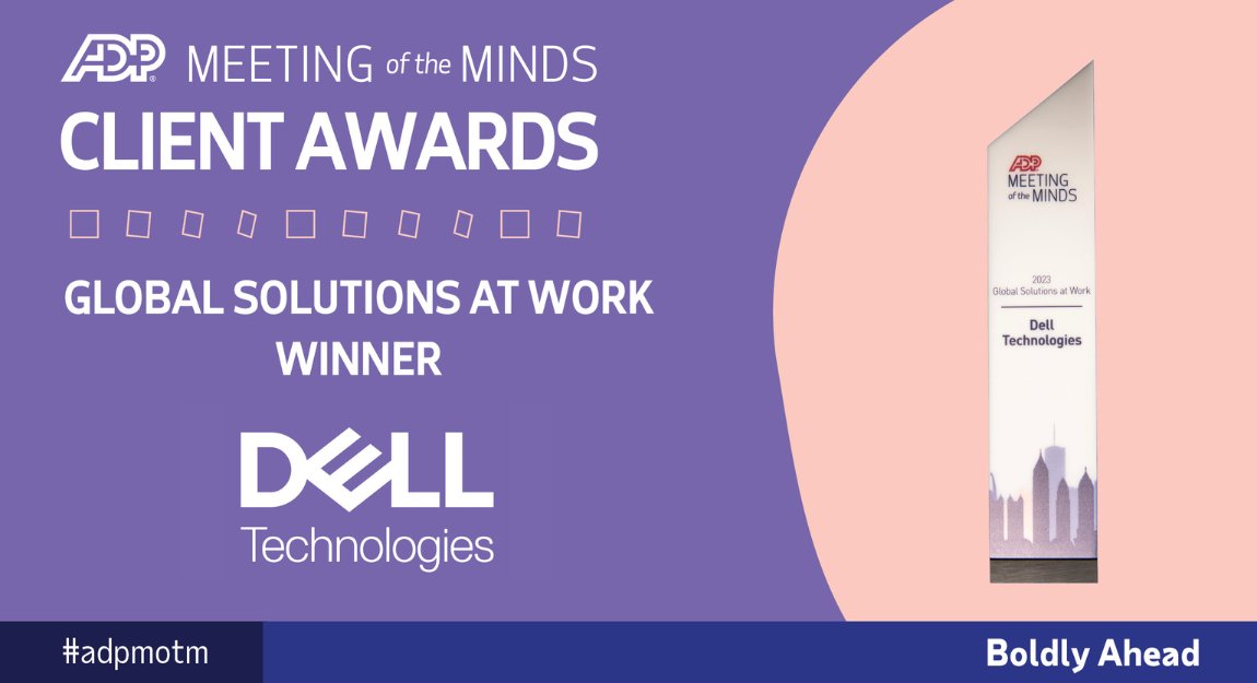 ADP's tweet photo. Congratulations @DellTech for winning the Global Solutions at Work award at the ADP Meeting of the Minds!

This award features an organization with a global footprint that demonstrates HCM leadership by leveraging technology and processes around the world.

#adpmotm https://t.co/avcjAozgyw