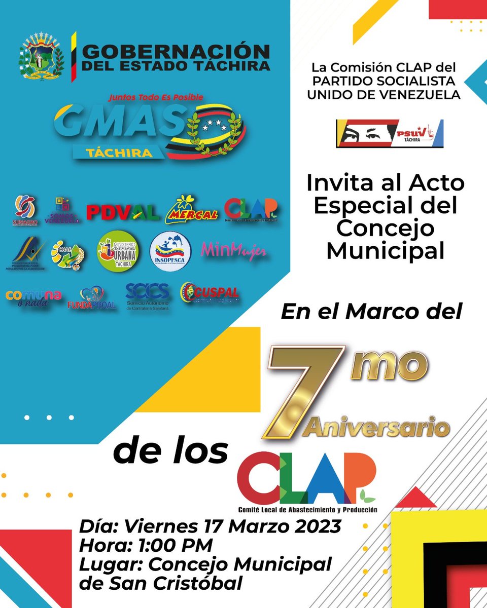 La comisión #CLAP del <a href="/PartidoPSUV/">PSUV</a>, te invita al acto especial en conmemoración del "7mo. Aniversario del los #CLAP", desde las instalaciones del concejo municipal de #SanCristóbal

#17Mar,  1:00 PM
¡Te esperamos!

<a href="/FreddyBernal/">Freddy Bernal</a>
<a href="/LealTelleria/">M/G Carlos Leal Tellería</a>
<a href="/Gmas_Tachira_/">Gmas Táchira</a> 
<a href="/arguelloyepfri/">Yepfri Arguello</a>