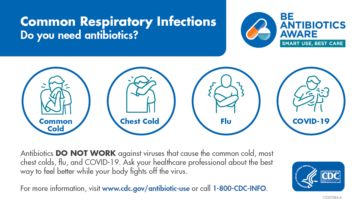 Remember: #Antibiotics are only needed to treat certain infections caused by bacteria - like pneumonia or strep throat. Talk with your #HCP about the best way to treat your illness. bit.ly/3JkugRP #SquashSuperbugs #BeAntibioticsAware