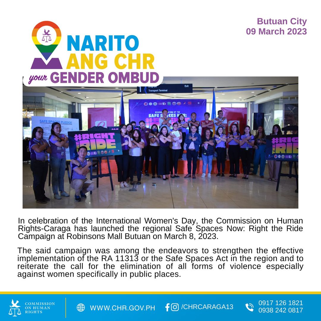chrgovph's tweet photo. #NaritoAngCHR: In celebration of the International Women's Day, the CHR Caraga Region has launched the regional Safe Spaces Now: Right the Ride Campaign at Robinsons Mall Butuan on 08 March 2023.
#RighttheRide
#CHROfAll https://t.co/Gdnqa45UbH