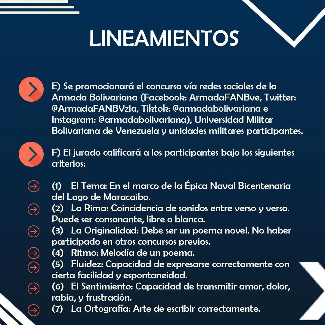 ArmadaFANBVzla's tweet photo. 🥇Es Contigo‼️La @ArmadaFANBVzla te invita a participar en el Concurso de Poesía enmarcado en el Bicentenario de la Batalla Naval del Lago de Maracaibo y Día de la Armada Bolivariana. 
👉Desliza y chequea los lineamientos📖

¡Tienes hasta el 15 de abril del 2023!

@NicolasMaduro https://t.co/N9KeaELzpp