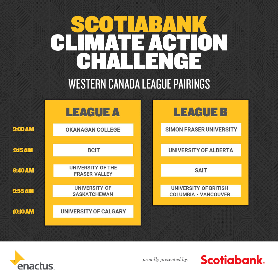 Enactus_Canada's tweet photo. IT'S THE FINAL COUNTDOWN! Here are the league pairings for tomorrow's @scotiabank Climate Action Challenge and the @TD_Canada Entrepreneurship Challenge! #EnactusRegionals https://t.co/BDDV4RVYPS
