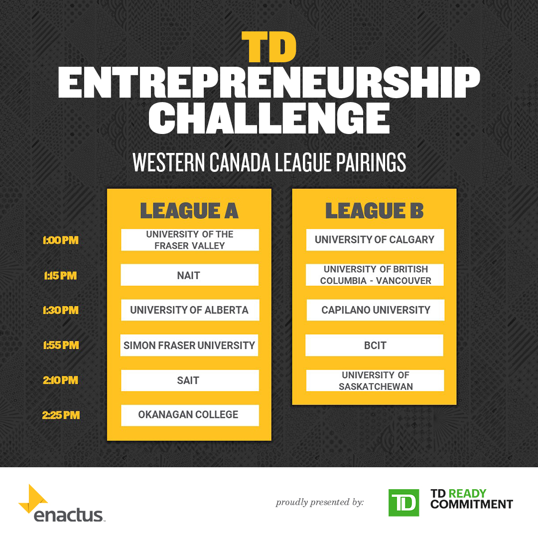 Enactus_Canada's tweet photo. IT'S THE FINAL COUNTDOWN! Here are the league pairings for tomorrow's @scotiabank Climate Action Challenge and the @TD_Canada Entrepreneurship Challenge! #EnactusRegionals https://t.co/BDDV4RVYPS