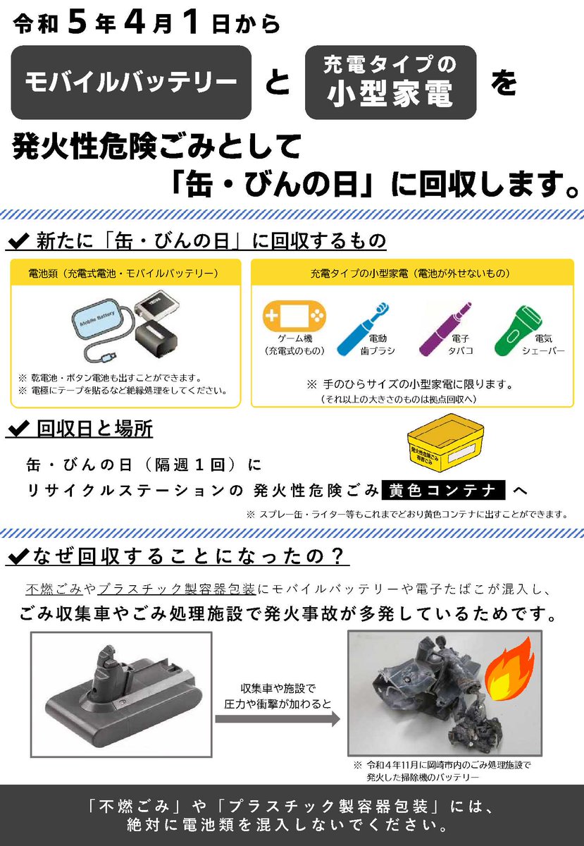 モバイルバッテリーや充電タイプの小型家電が原因で、ごみ 収集車等の発火事故が多発しています。これを受け4月1日からこれらの小型家電を「缶・びんの日」に回収します。誤って「不燃ごみ」や「プラスチック製容器包装」に混入させないようご注意ください。  詳しくは ...