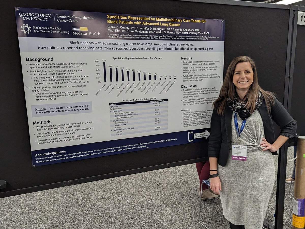 DrClaireC's tweet photo. Super proud to present the first results from our pilot study on behalf of my co-PI @heatherdv_phd! We found that few Black patients with advanced #LungCancer reported having seen a mental health provider or #PalliativeCare doc as part of their cancer care. #APOS2023 #HAPM https://t.co/FReV4VAspq
