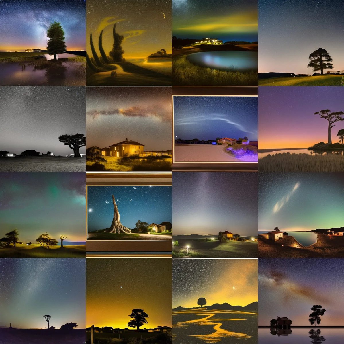 rastyrcom's tweet photo. A nighttime landscape with a swirling sky filled with stars, a cypress tree, and a small village in the distance. - made with NightCafe Creator  https://t.co/vH7KqxrDM4 #aiart #nightcafe #digitalart #vqganclip via @NightcafeStudio https://t.co/1URbVPpPIq