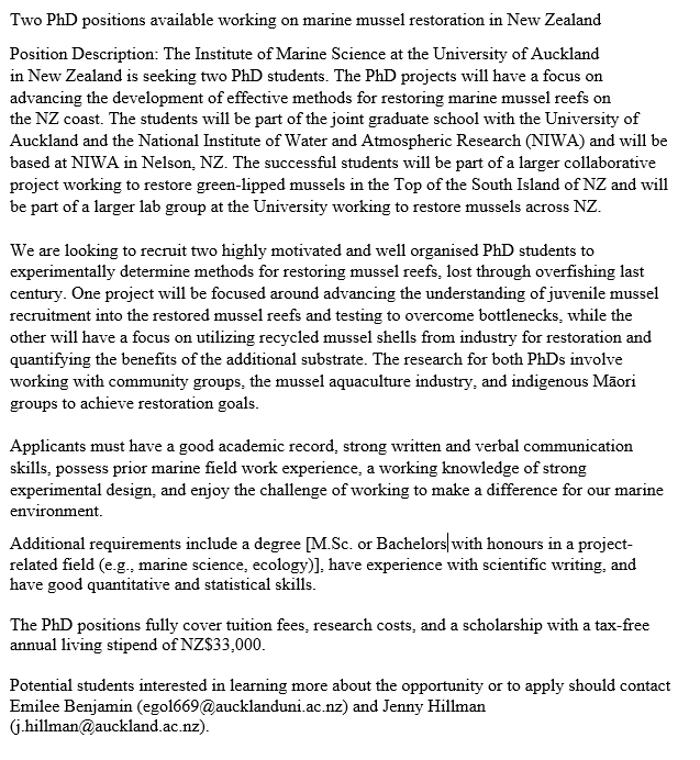 PhD Opportunity. Please RT. 
We have two PhD student opportunities available to come work with us at the University of Auckland as part of @shellfishrestnz on mussel restoration in the Top of the South Island of New Zealand! Help us solve bottlenecks and restore ecosystems!