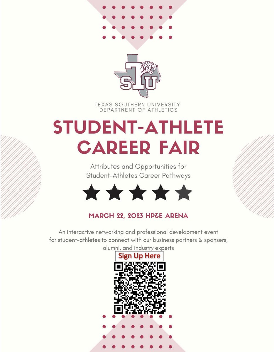 TXSUACADEMICS's tweet photo. It’s that time of the year 🥳! Join us for our 2nd Annual Student-Athlete Career Fair to be held on March 22nd. Please scan the QR link to pre-register for this event. Don’t forget to bring your resumes and your A- Game! See you there 😎 https://t.co/RZtI3GEXSA