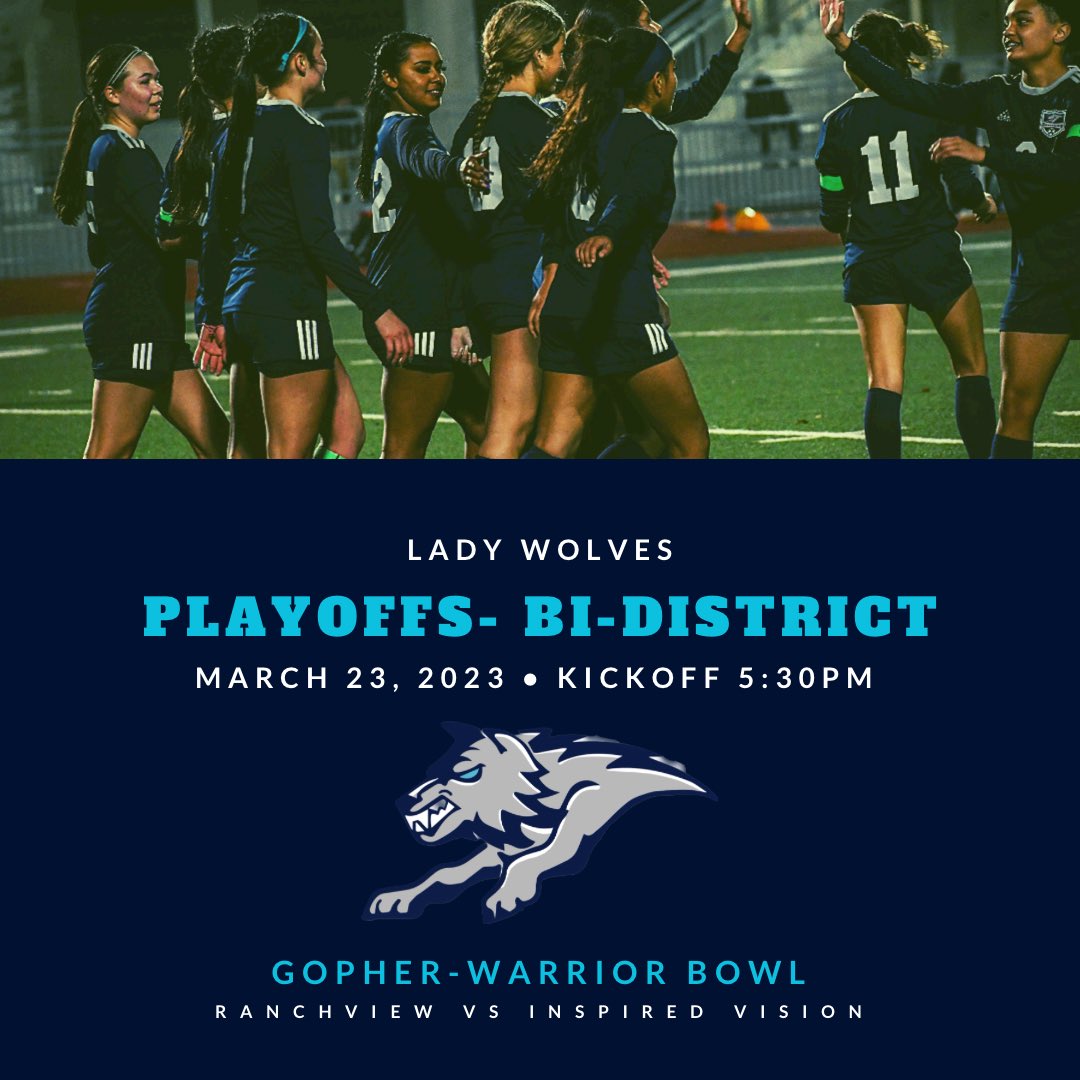 If you don’t have plans next Thursday come out to support your Lady Wolves in Round 1 of Playoffs!! 
<a href="/RanchviewWolves/">Ranchview High School</a> <a href="/RamirezCoach/">Michael Ramirez</a> <a href="/CFBathletics/">CFB Athletics</a> <a href="/tascosoccer/">TASCO</a> <a href="/RALeo1974/">Richard A. Leonard</a> 
#ourtime 💙🐺⚽️