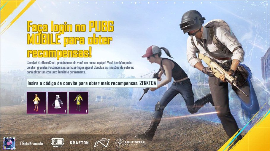 JPXavier9's tweet photo. Conclua Missões de Retorno PUBG MOBILE! Colete um traje épico permanente gratuitamente! Meu código convite: 2FRKTDA https://t.co/th4ckTJQcV https://t.co/jBLJ3kaBX3