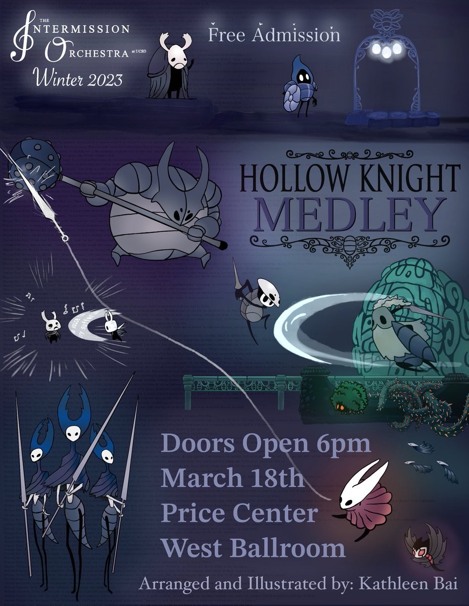 TIOatUCSD's tweet photo. Our Winter 2023 Concert is this Saturday! It will also be streamed live on our YouTube channel 🎻🎺
Poster art credits: @/kjybai on Instagram
#hollowknight #intermissionorchestra https://t.co/gMijfnHf0H
