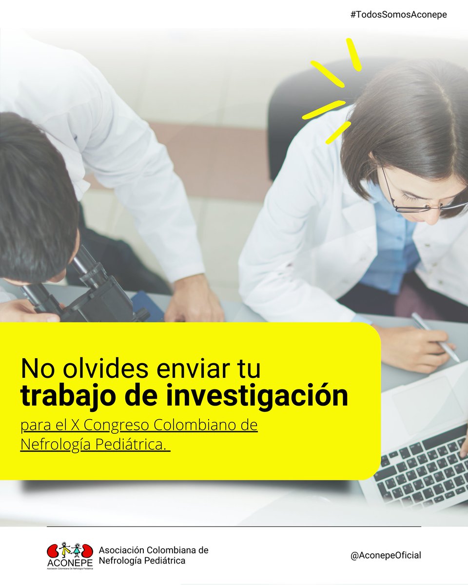 Estas a tiempo de enviar tu trabajo de investigación para el X Congreso Colombiano de Nefrología Pediátrica que se llevará a cabo el próximo 25 - 27 de mayo. 

Fecha limite: 15 de abril 2023
Encuentra todas las normativas en nuestra página web bit.ly/3ZUf6tM